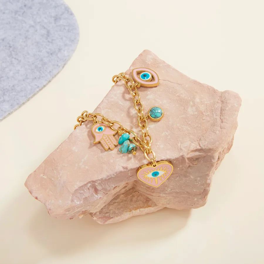 Gold Pink Devil's Eye Heart Bracelet