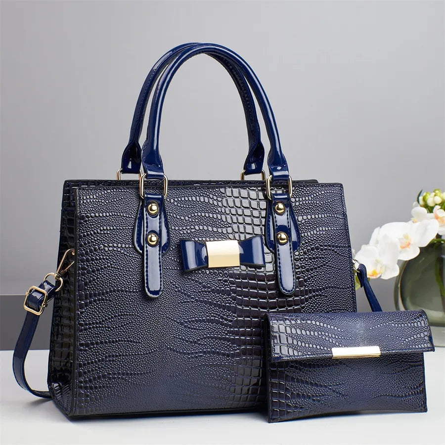 Large Capacity PU Crossbody Tote with Bow Detail Blue