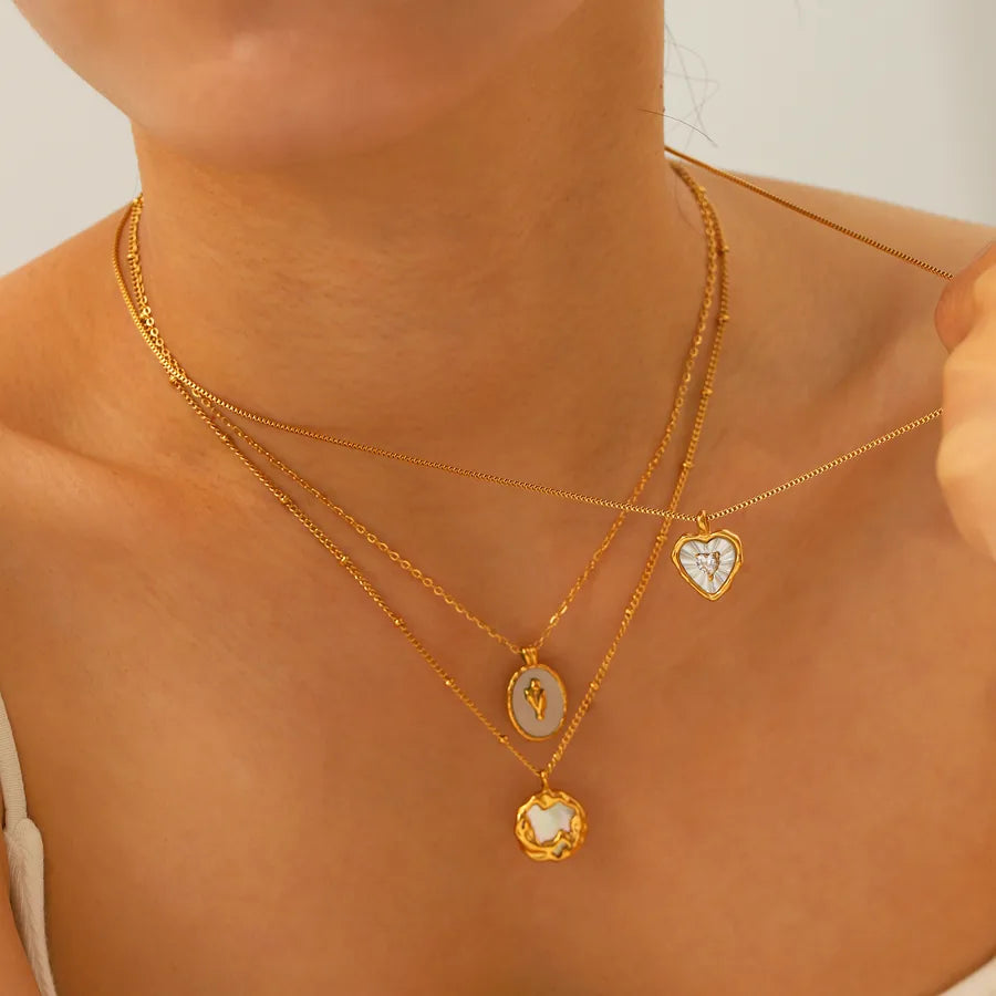 Gold Geometric Pendant Necklace with Shell & Zircon