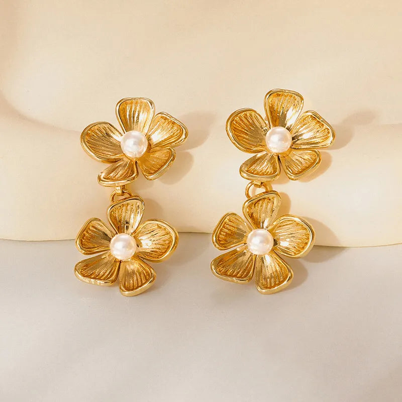 Luxury Pearl Flower Stainless Steel Earrings Double Flower Earrings [Stainless Steel]