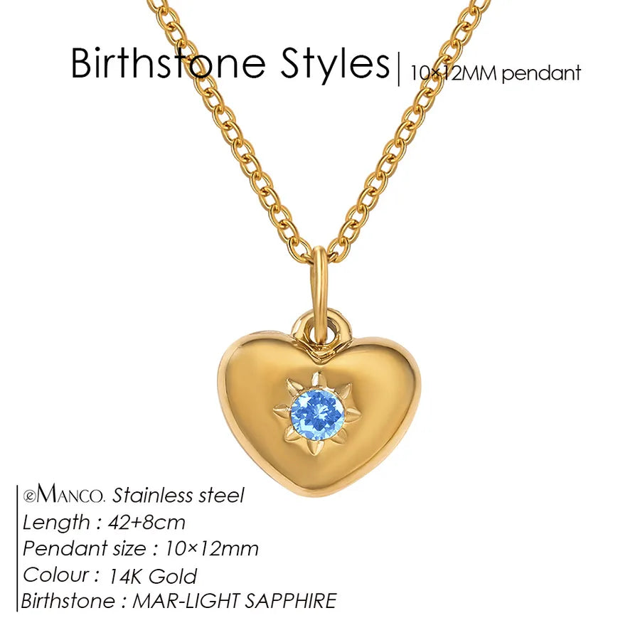14K Gold Heart Birthstone Necklace for Women March Light Blue Gold