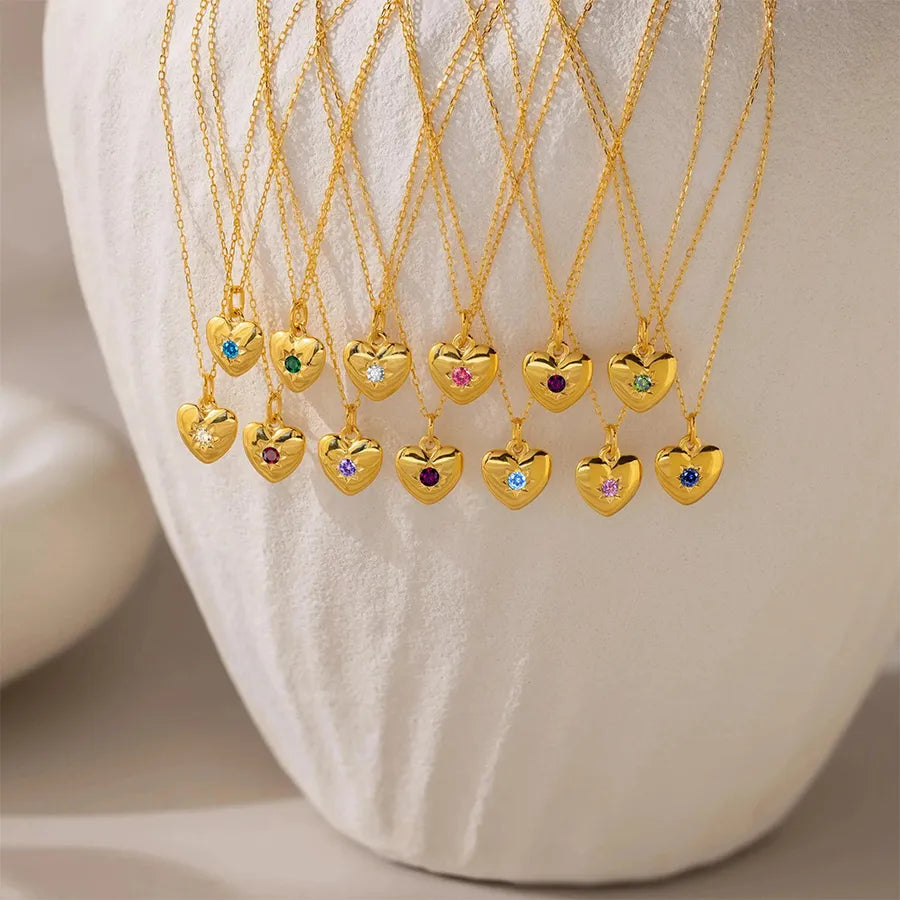 14K Gold Heart Birthstone Necklace for Women