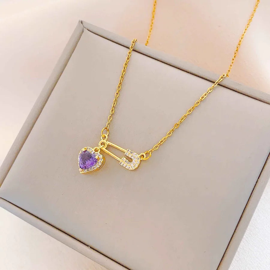 Titanium Steel Heart Pin Pendant Necklace XL380 Purple Heart Pin Necklace