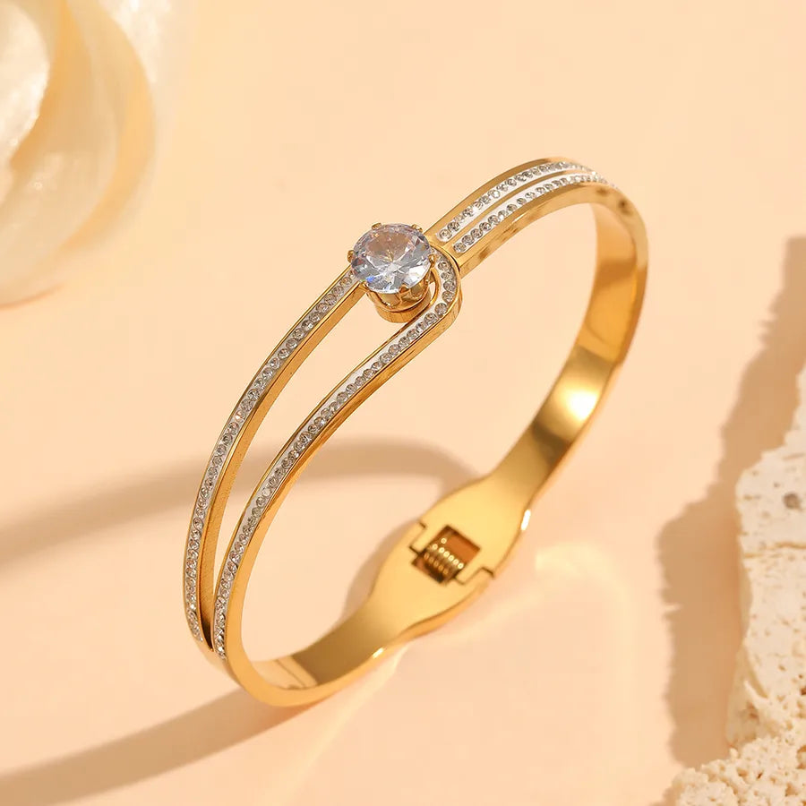 18K Gold PVD Letter & Flower Stainless Steel Bangle Bracelet#1