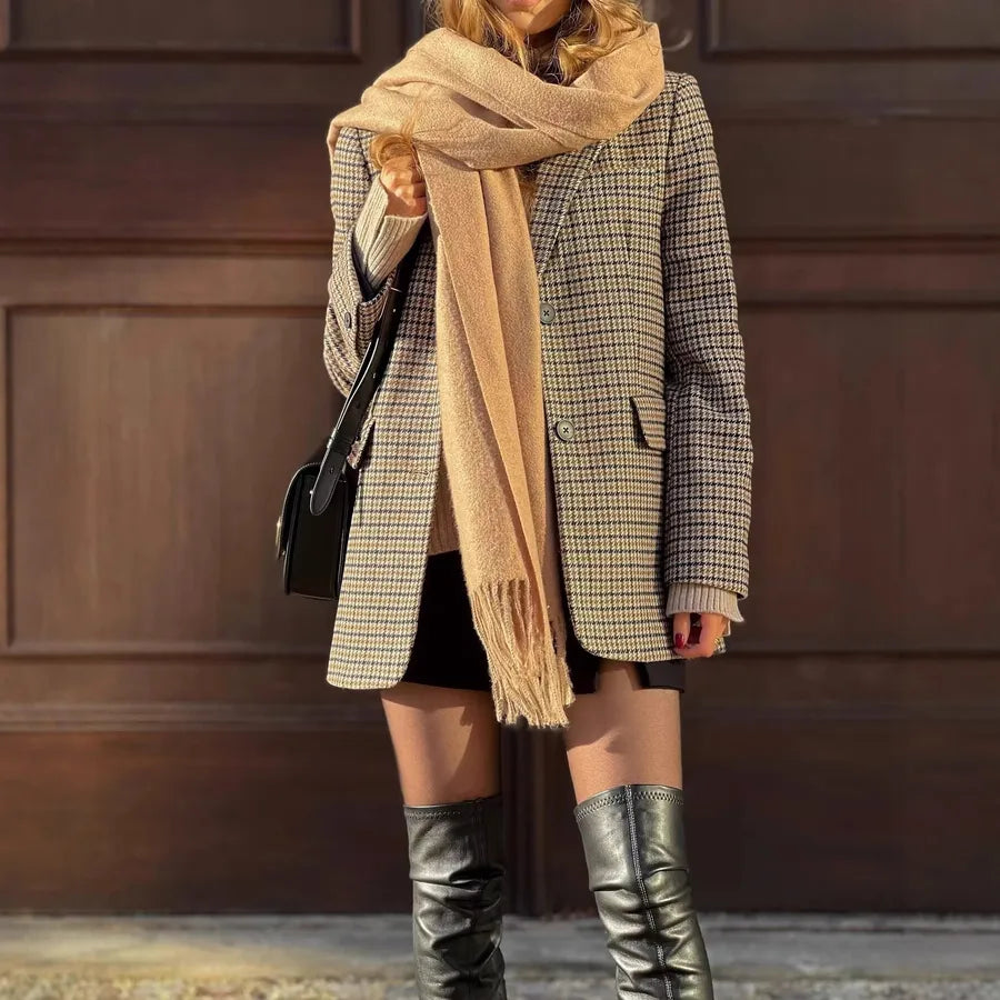 Women's Grey Plaid Blazer - Classic Long Sleeve