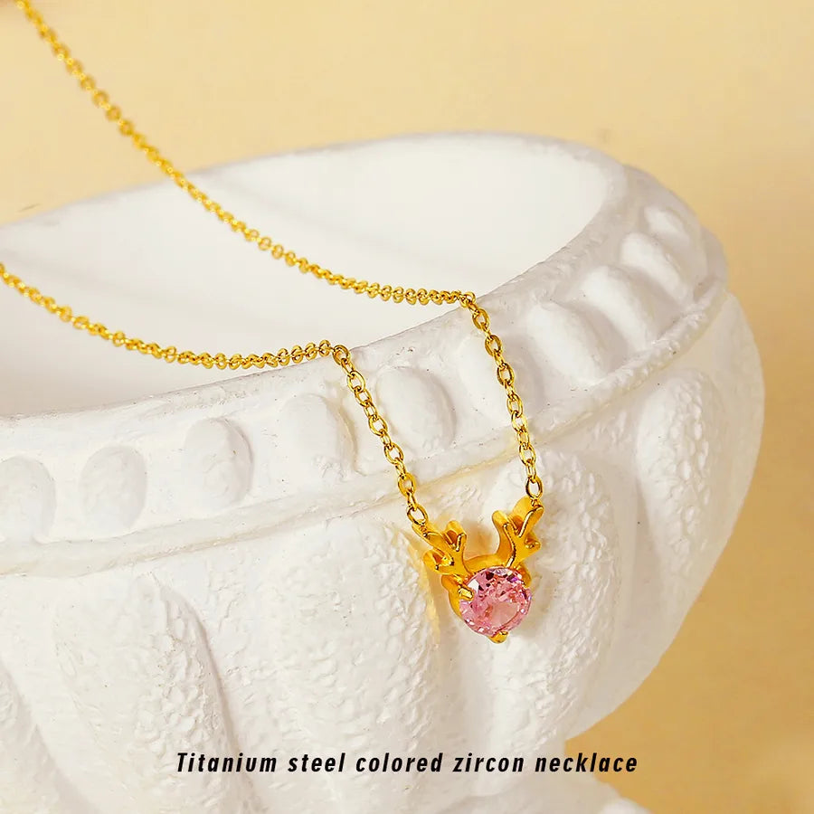 Elegant Deer Pendant Necklace – PVD Gold Stainless Steel 316 Titanium Steel Gold Pink Stone N0015G-2