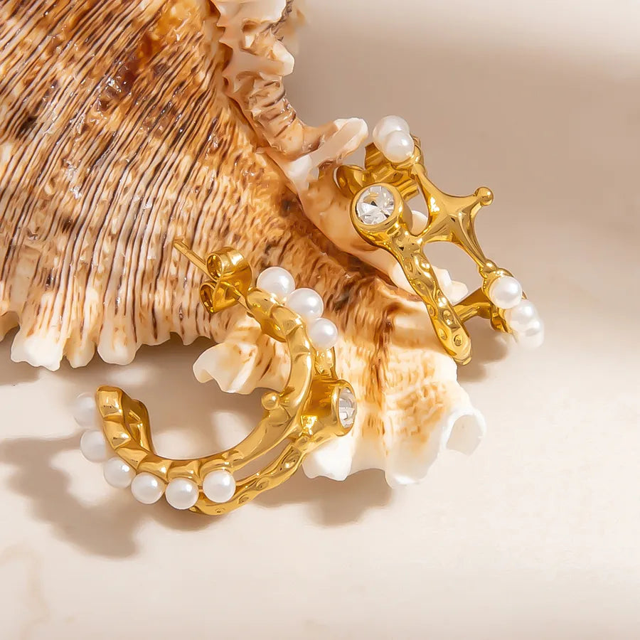 18K Gold Plated Pearl & Diamond Star Earrings