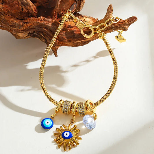 14K Gold Sun & Eye Charm Stainless Steel Bracelet