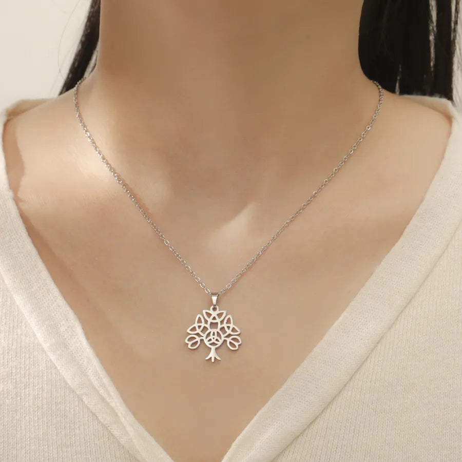 Stainless Steel Celtic Tree & Lotus Pendant Necklace
