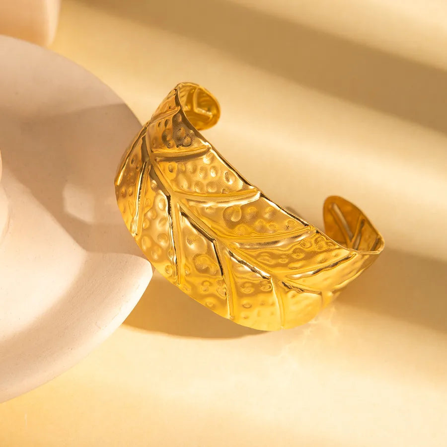 18K Gold Leaf Stainless Steel Open Bangle BJGB0157$