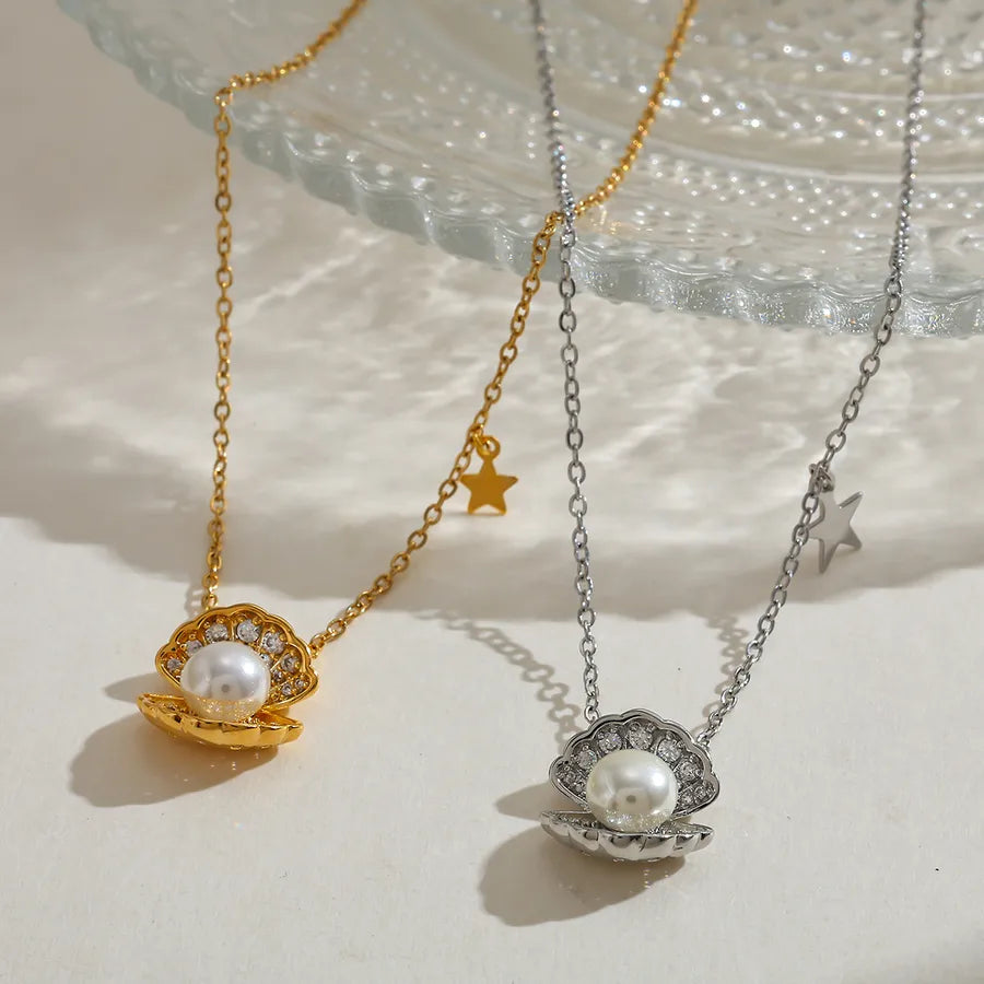 Gold Shell Pendant Necklace with Diamond Detail