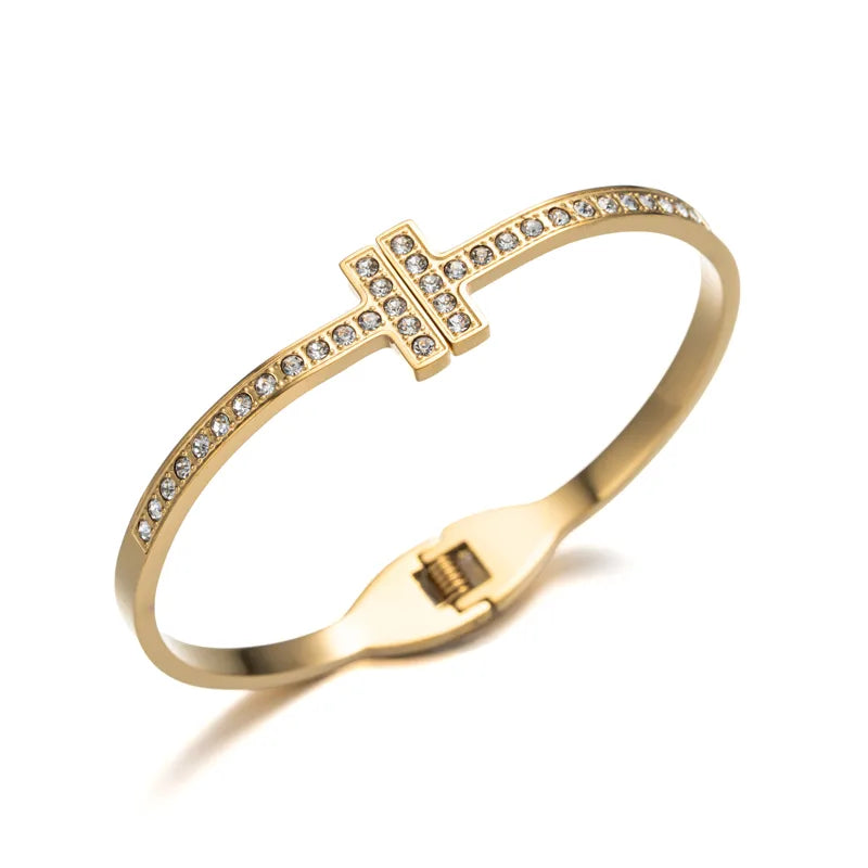 18K Gold Plated Titanium Steel Bangle with Zircon