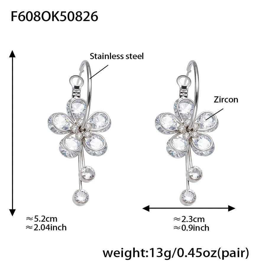 Elegant Zircon Flower Tassel Earrings in 18K Gold F608-steel Color Zircon Earrings