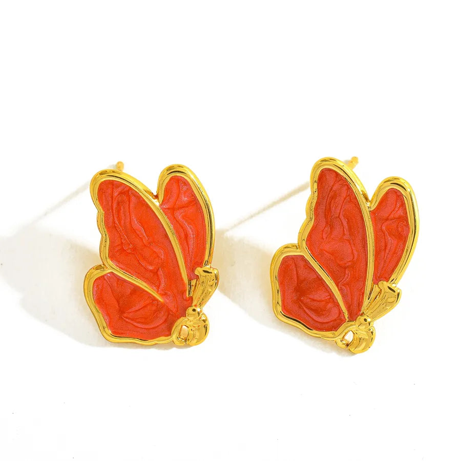 18K Gold Wing Stud Earrings – Enamel Finish 20.95mm*15.20mm-Rose Red