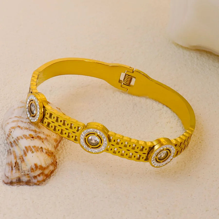 18K Gold Plated Zircon Hollow Stainless Steel Bracelet Average Size Gold Style 21