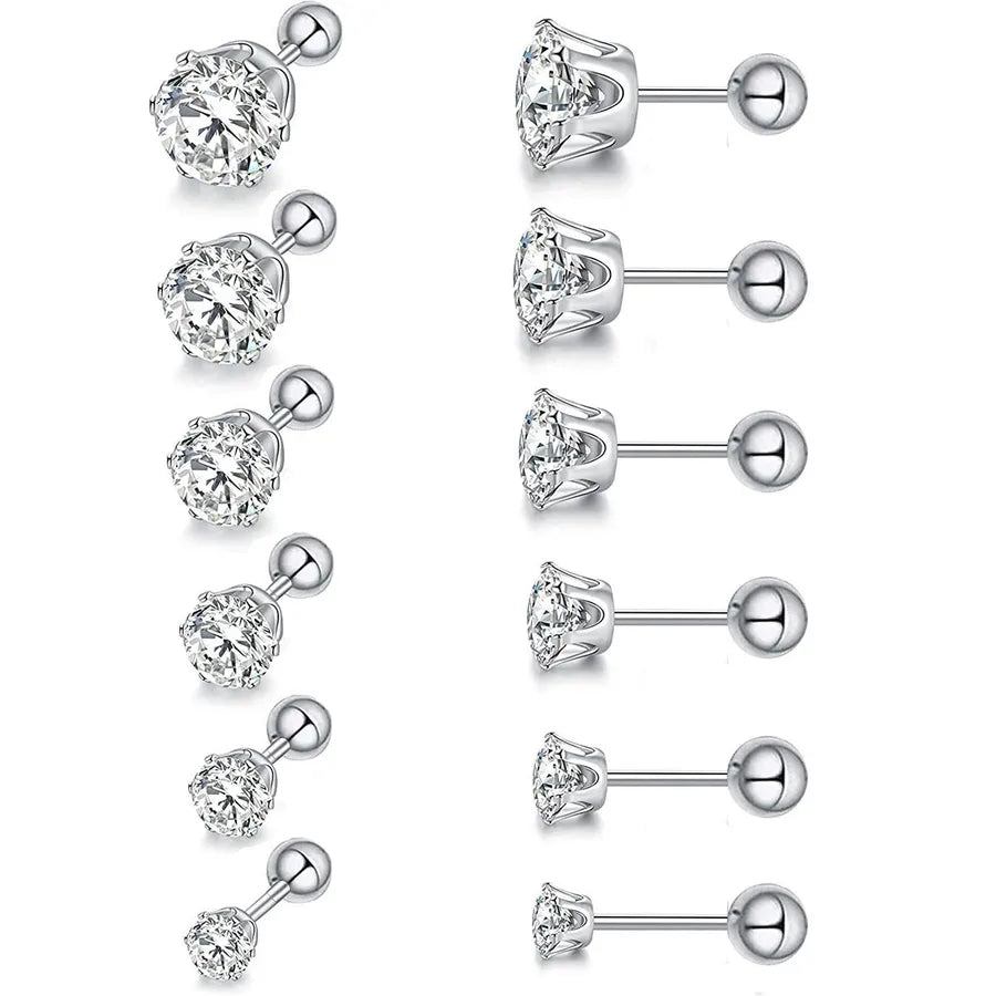 Gold Plated Stainless Steel Zirconia Stud Earrings 6 Claws White Gold 3mm-8mm