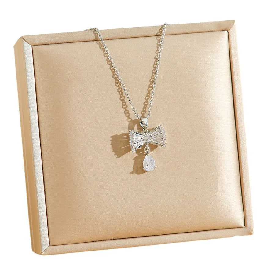 Elegant Zircon Bow Pendant Necklace