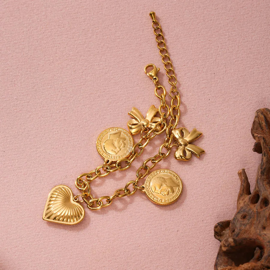 Gold Heart & Bowknot Stainless Steel Bracelet