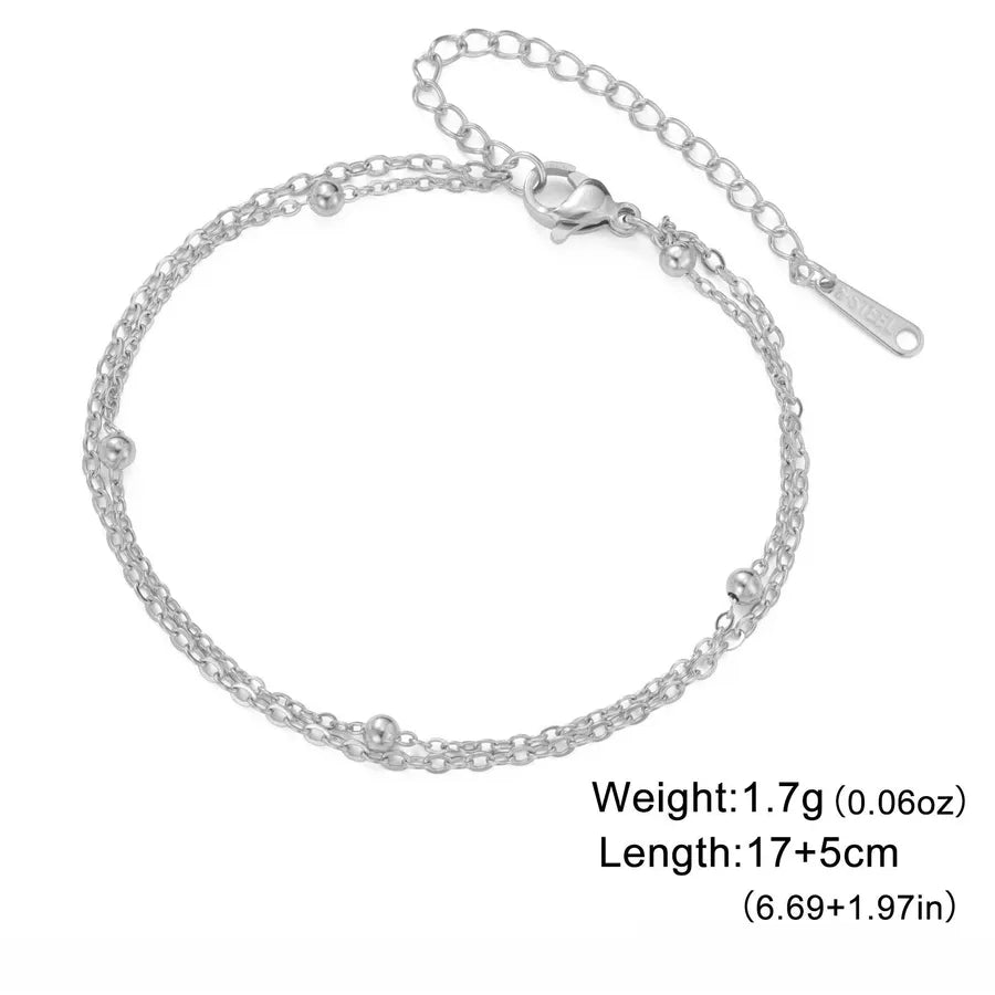 Gold Stainless Steel Cuban Link Bracelet Steel Color Bead Chain Double Layer Chain