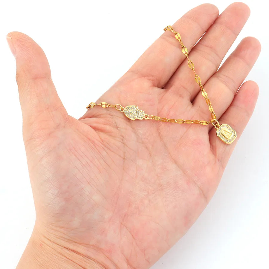 Gold Palm & Letter Pendant Necklace – Retro Style