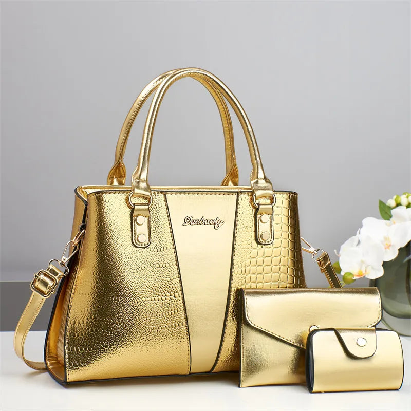 3-Piece Crocodile Pattern PU Shoulder Bag Set Gold 1.3*1.1cm 30*11*22cm