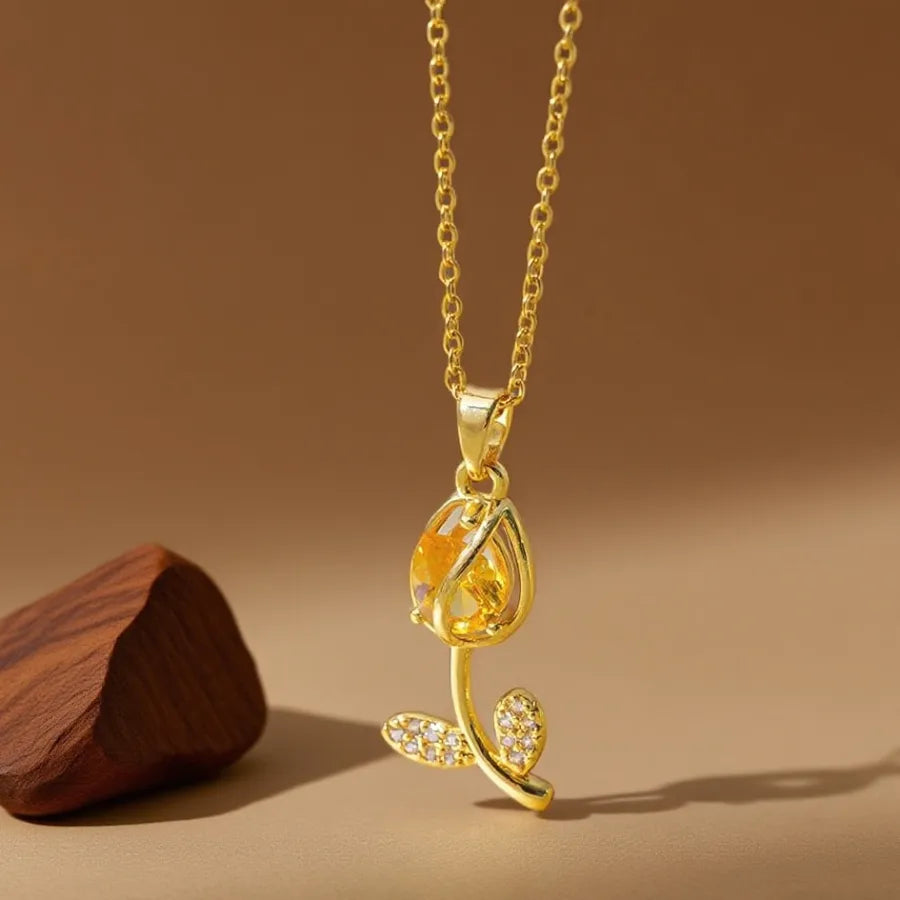 Geometric Titanium Steel Necklace for Women X08018 [Copper Pendant] Yellow Diamond Tulip Necklace - Gold