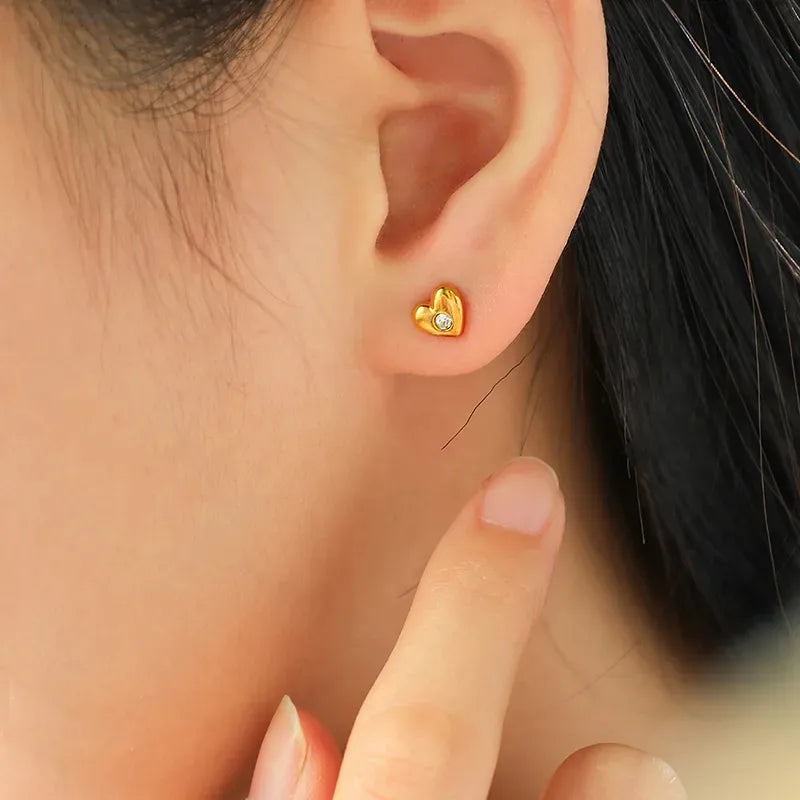 18K Gold Plated Heart Zircon Stud Earrings