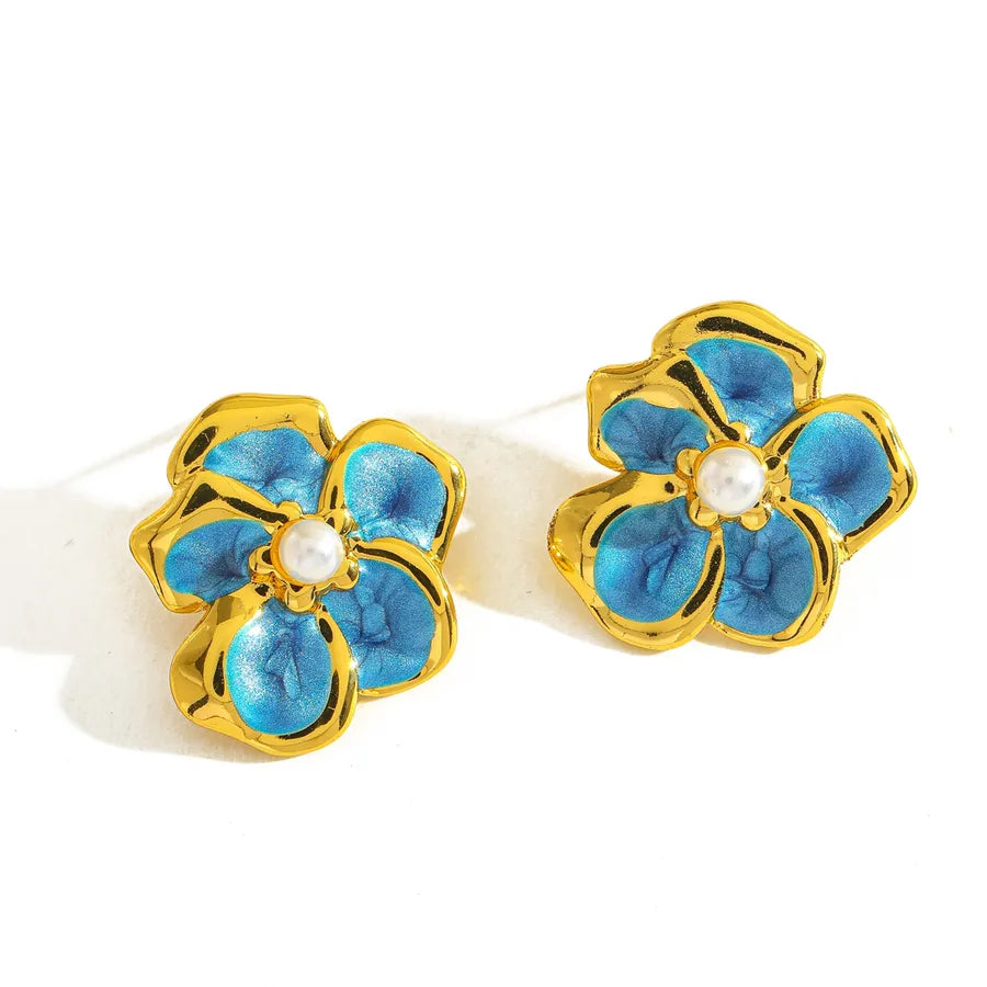 18K Gold Plated Pearl Flower Stud Earrings
