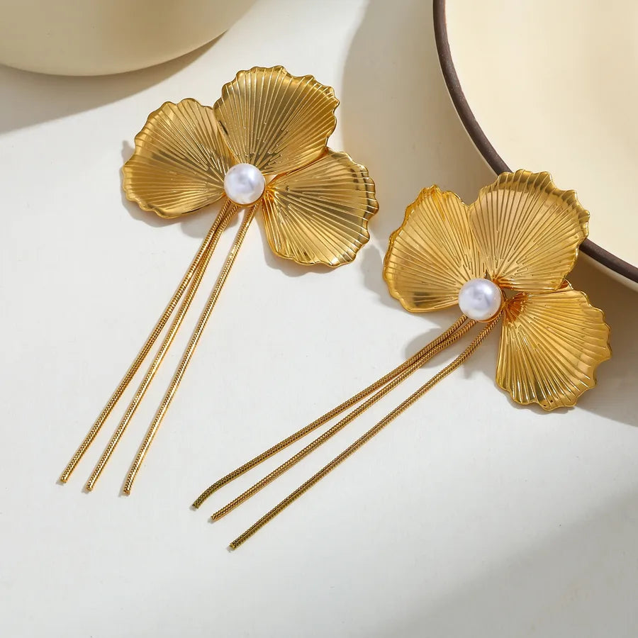 18K Gold Ginkgo Leaf Pearl Stud Earrings 96.25mm*49.83mm