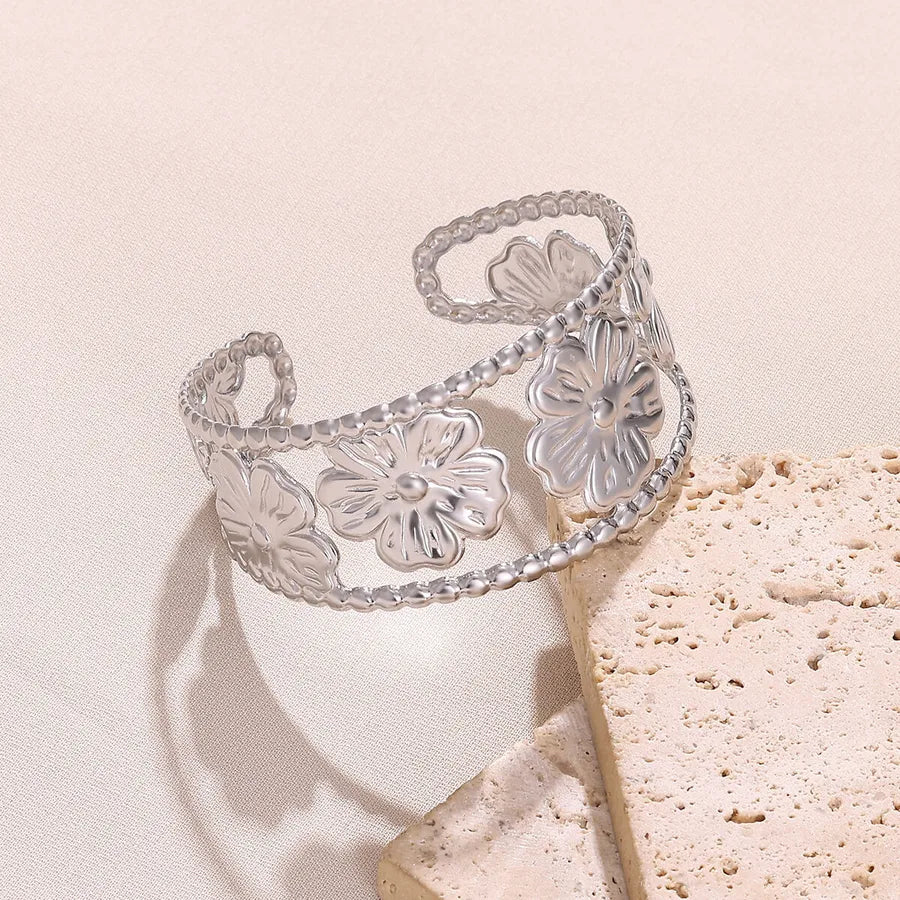 18K Gold Plated Leaf & Flower Open Bangle Bracelet