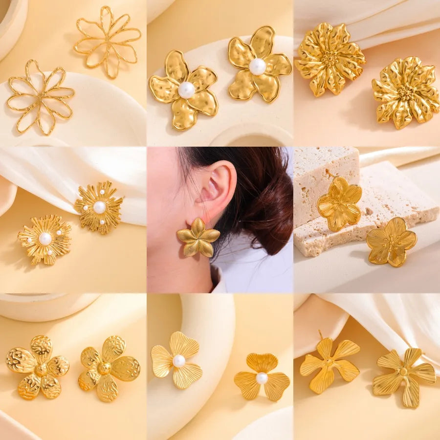 Titanium Steel Flower Stud Earrings for Women