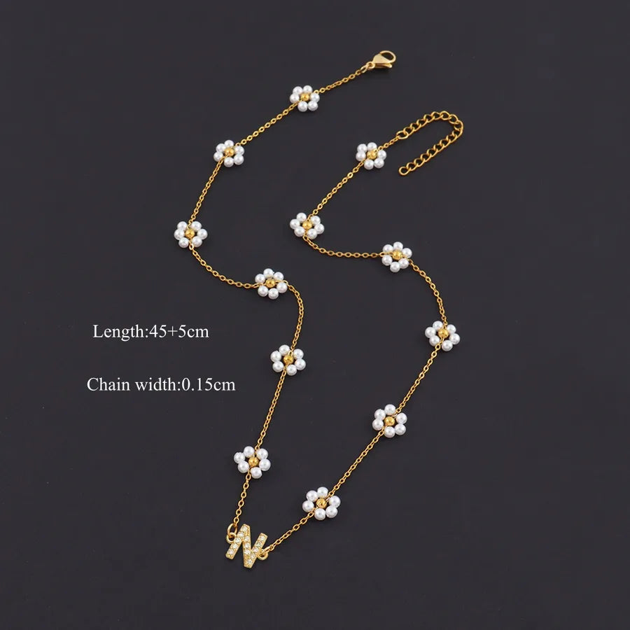 18K Gold Plated Letter Pendant Pearl Necklace Gold N