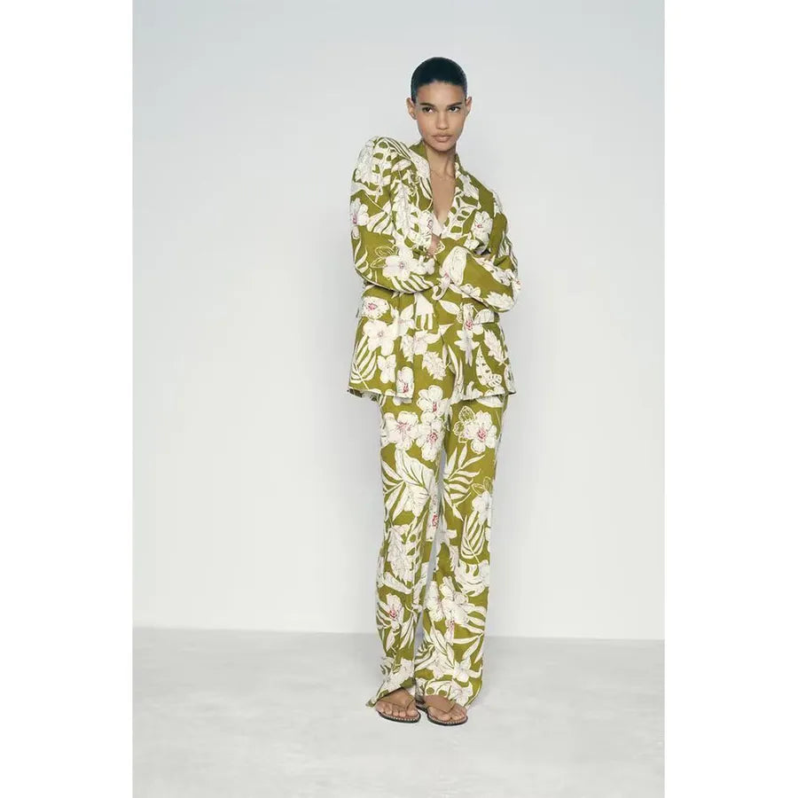 Elegant Floral Linen Blend Suit Jacket