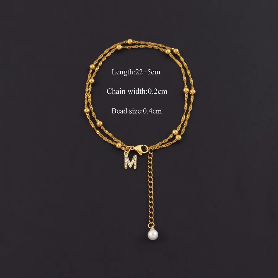 Gold Plated Letter Anklet with Pearl & Zircon Gold m