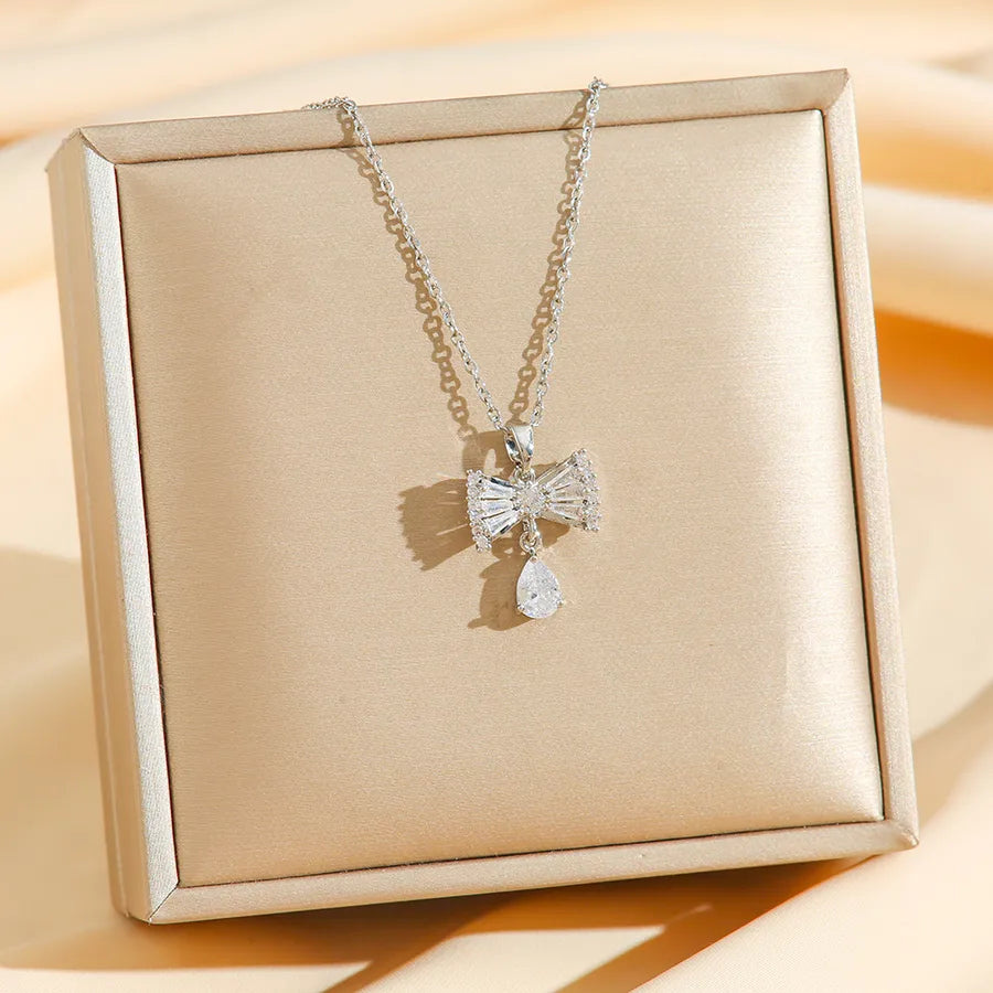 Elegant Zircon Bow Pendant Necklace 8288 Silver Bowknot