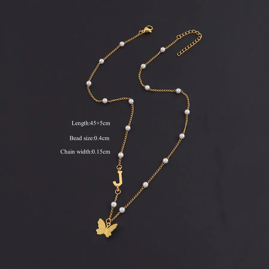 Gold Butterfly Letter Pendant Necklace Gold j