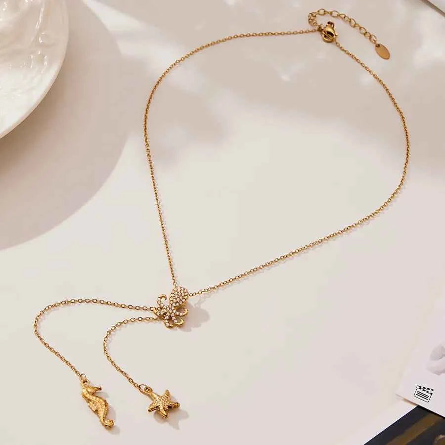 Gold Starfish Y Necklace with Zircon Accents