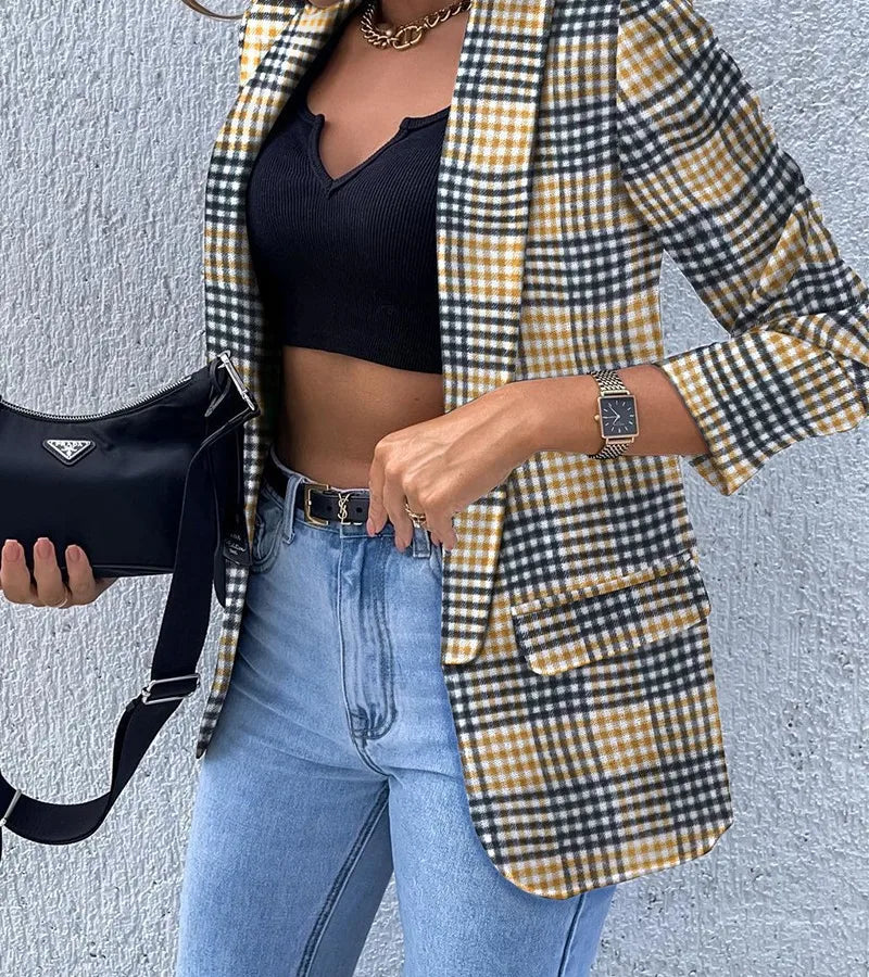 Elegant Printed Long Sleeve Blazer for Women Plaid
