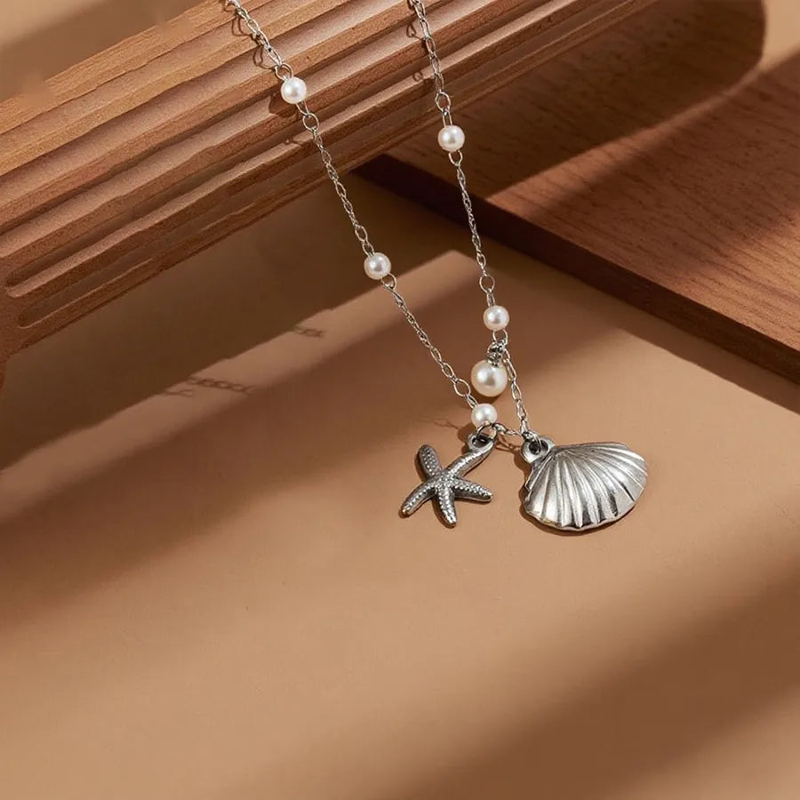 Gold Heart Shell Pendant Necklace X0187-Pearl Starfish Shell-Necklace-Steel Color