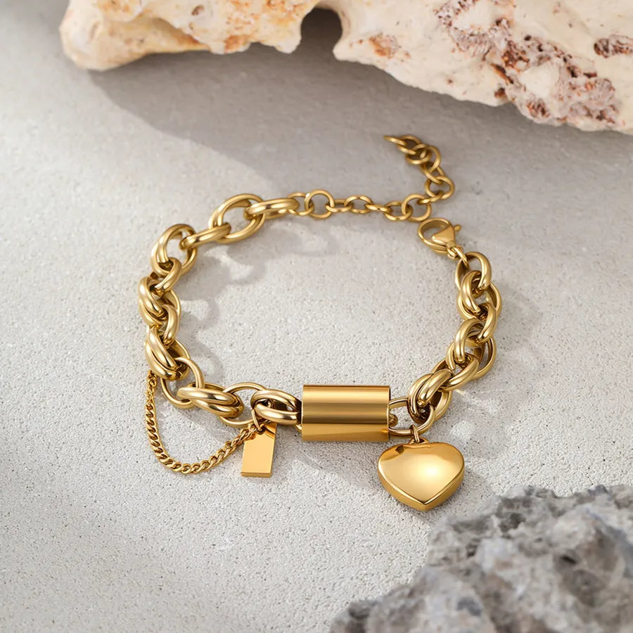 Gold Heart Pendant Stainless Steel Bracelet
