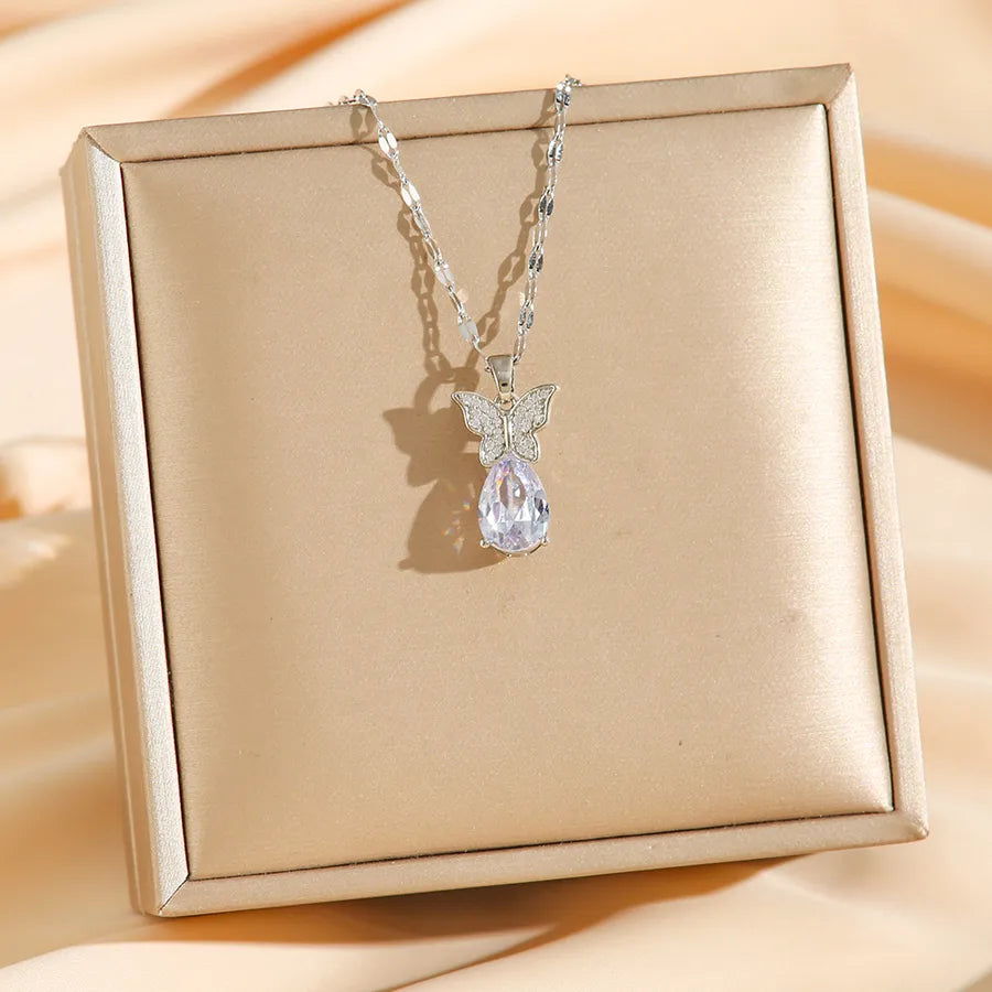 Butterfly Zirconia Waterdrop Pendant Necklace
