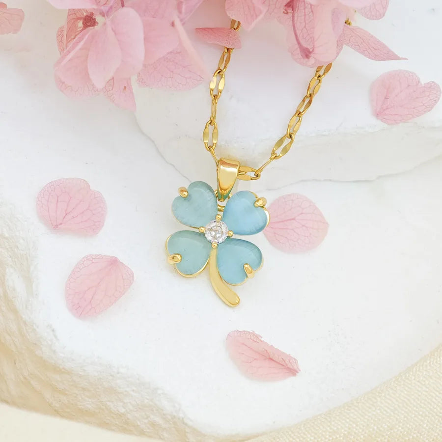 Titanium Steel Heart Clover Necklace XL293 Blue Cat Eye Four-Leaf Clover Necklace Gold Lip Chain