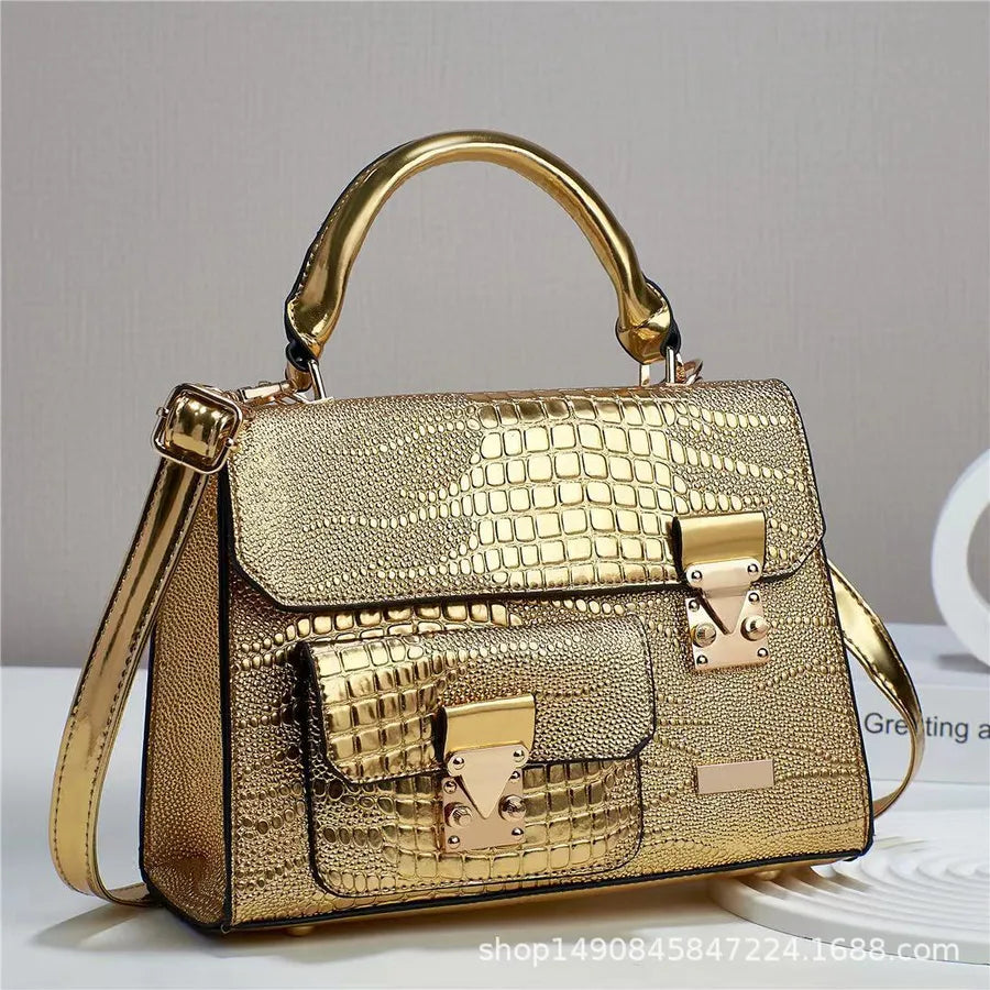 Retro Croc-Pattern PU Shoulder Bag