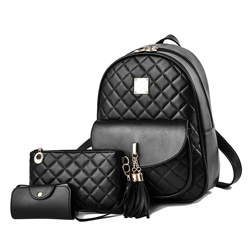 Women's Quilted PU Backpack Set with Bow & Tassel Three-Piece Black