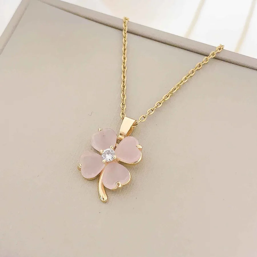 Titanium Steel Heart Clover Necklace XL293 Pink Cat Eye Four-leaf Clover Necklace Gold