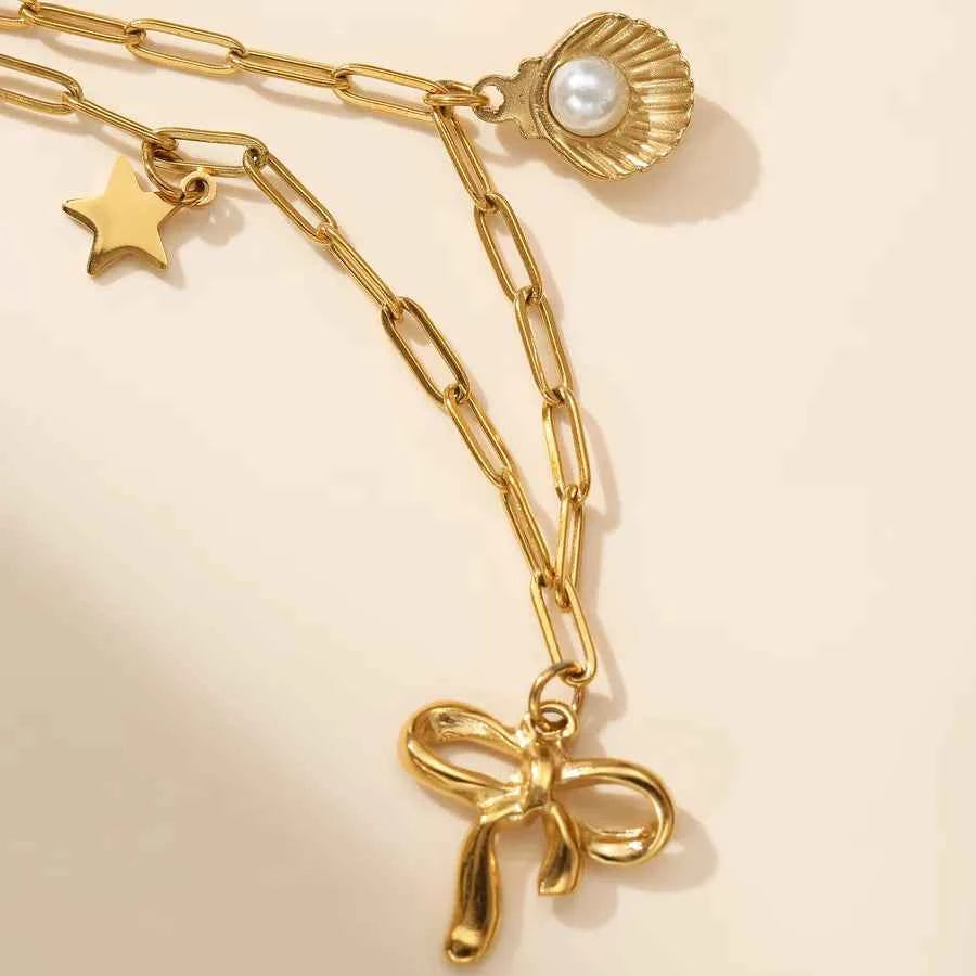 Gold Star Bowknot Pearl Necklace for Women