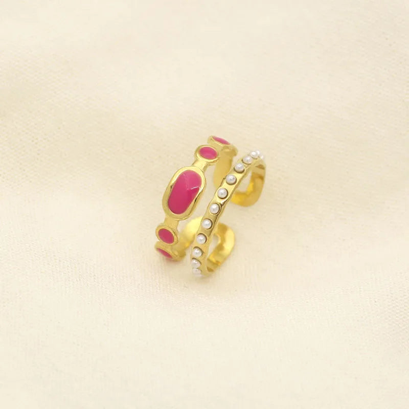 Leaf Enamel Stainless Steel Open Ring for Women Style 5