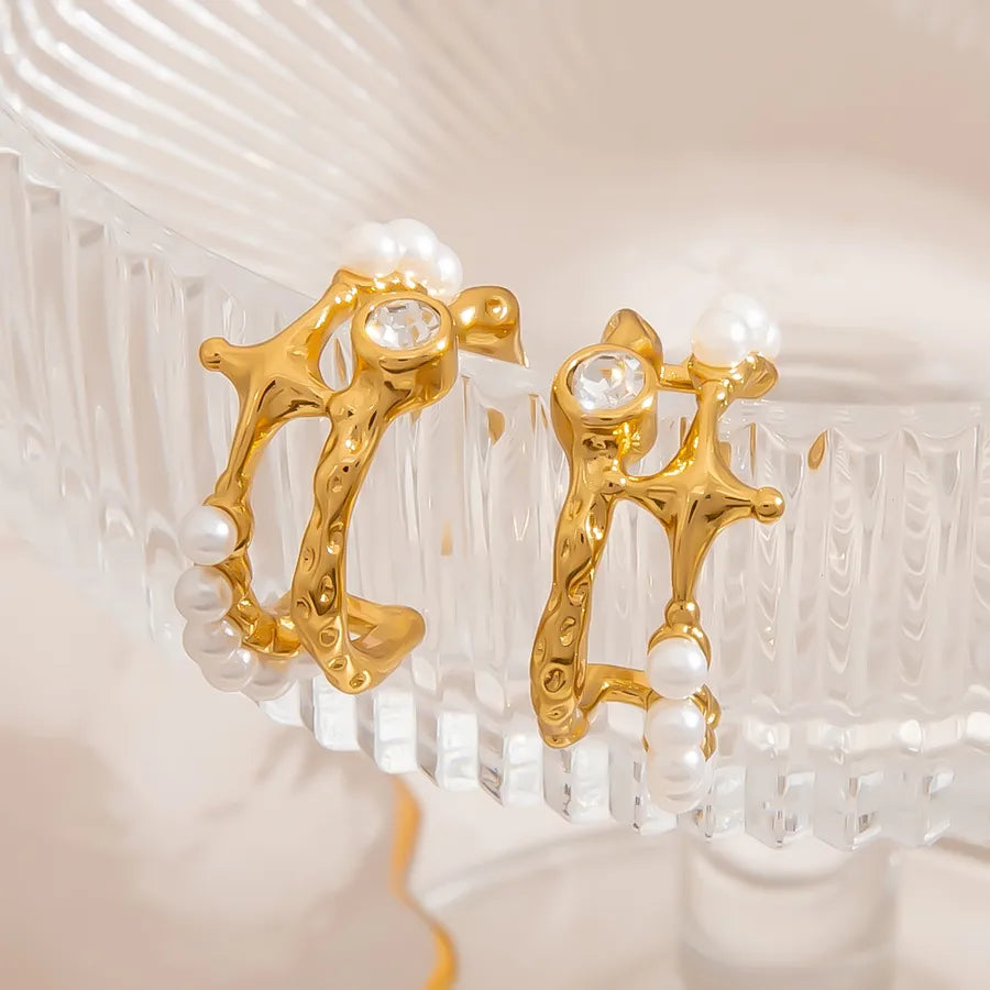 18K Gold Plated Pearl & Diamond Star Earrings