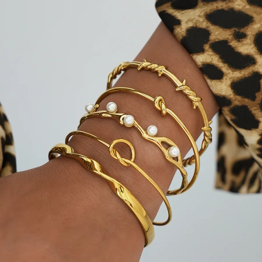 18K Gold Plated Pearl Bangle Bracelet for Women