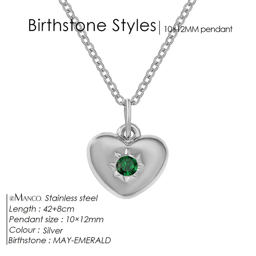 14K Gold Heart Birthstone Necklace for Women May Green Steel Color